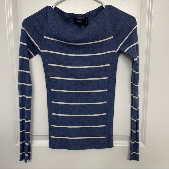 Theory Stripe Boatneck Refine Sweater Merino Wool Blue Ivory P Send Offer! - Picture 1 of 4